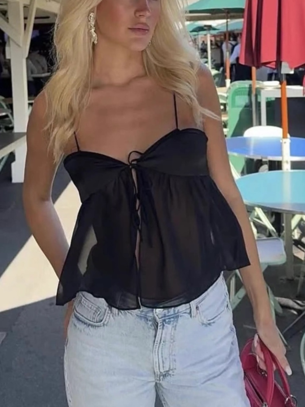 ZARA Sheer Black Chiffon Camisole Babydoll Top Lace Up S